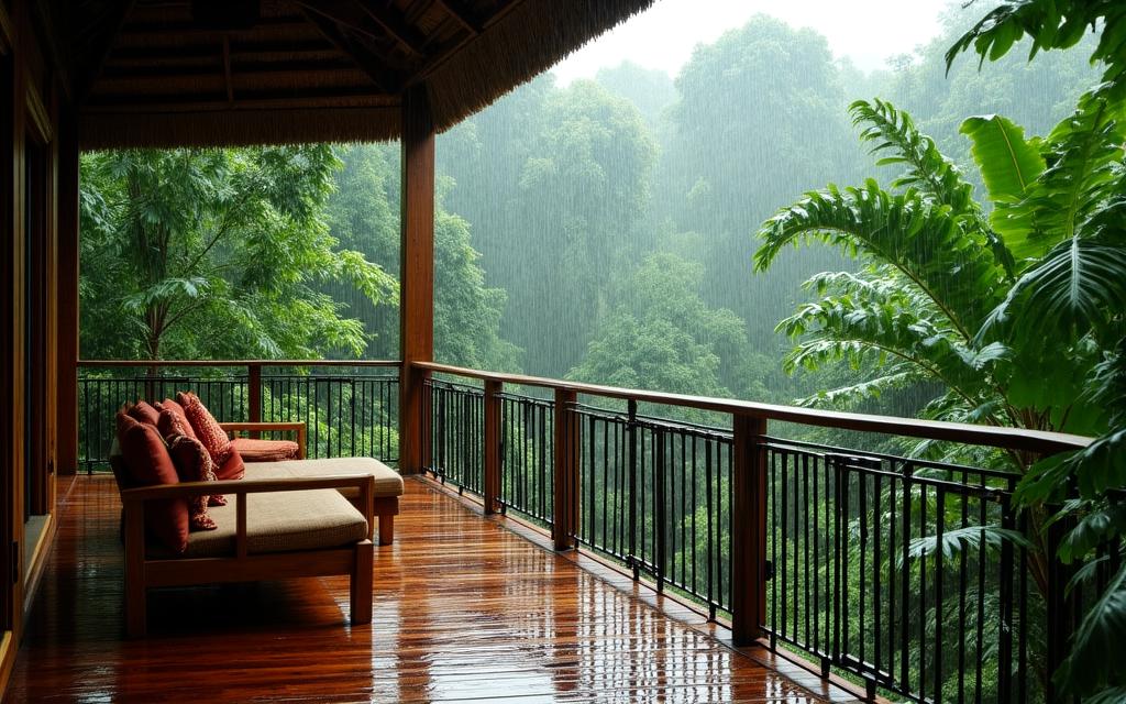 Lodge di lusso immerso nella giungla amazzonica durante una pioggia tropicale