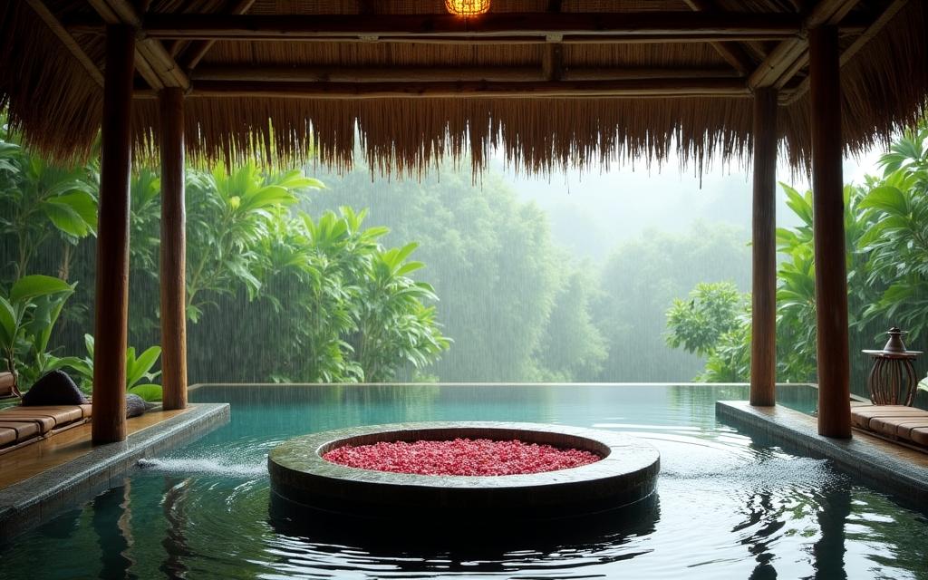 Trattamento spa di lusso a Bali con vista su giardini bagnati dal monsone