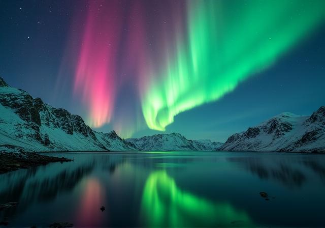 Aurora boreale sopra un fiordo norvegese